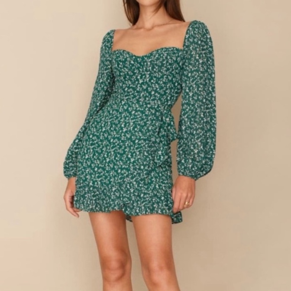 Reformation green floral long sleeve mini dress size 4